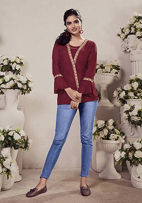 Maroon Embroidered Rayon Kurta