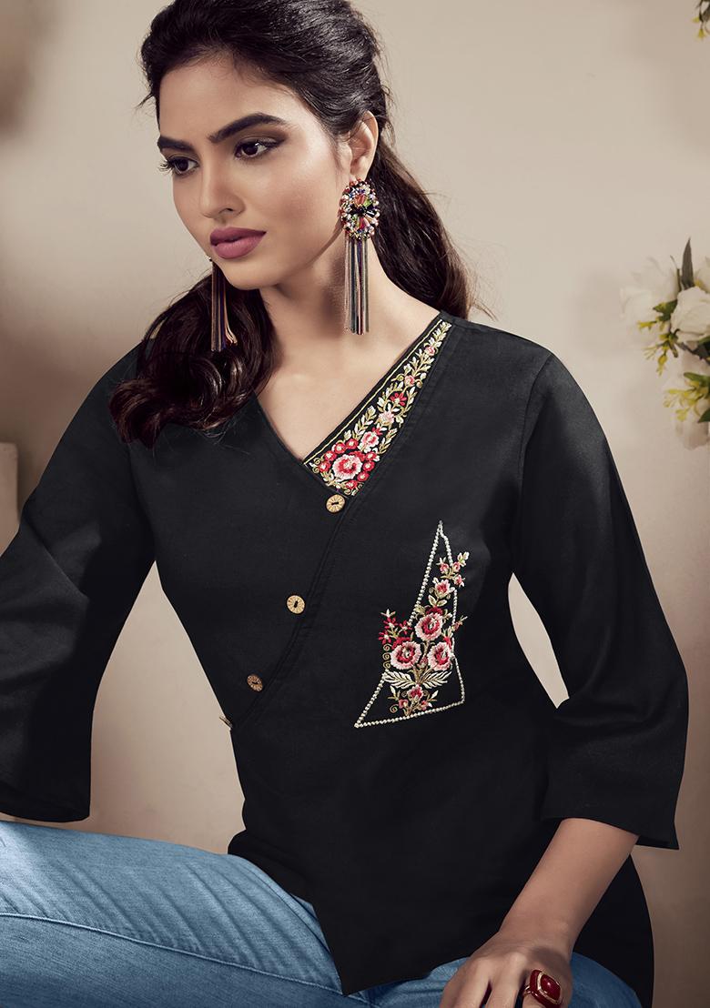 Black Embroidered Rayon Kurta