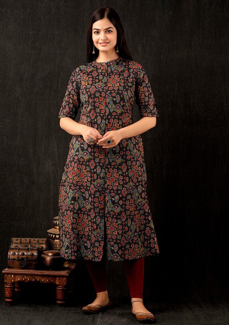 Black Solid Cotton Kurta