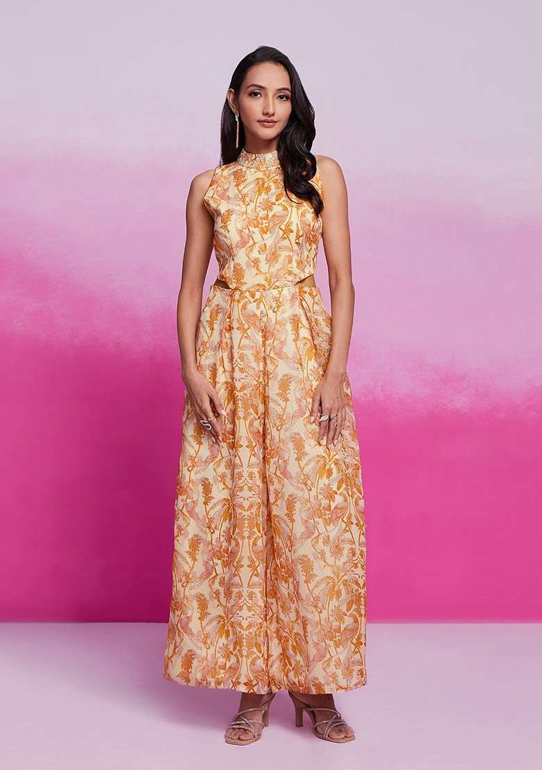 Cream Printed Poly Blend Jumpsuit - Indya