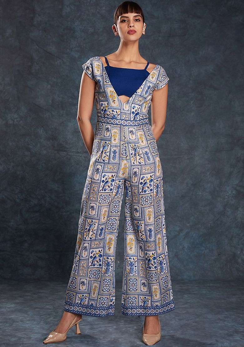 Blue Printed Poly Blend Jumpsuit - Indya