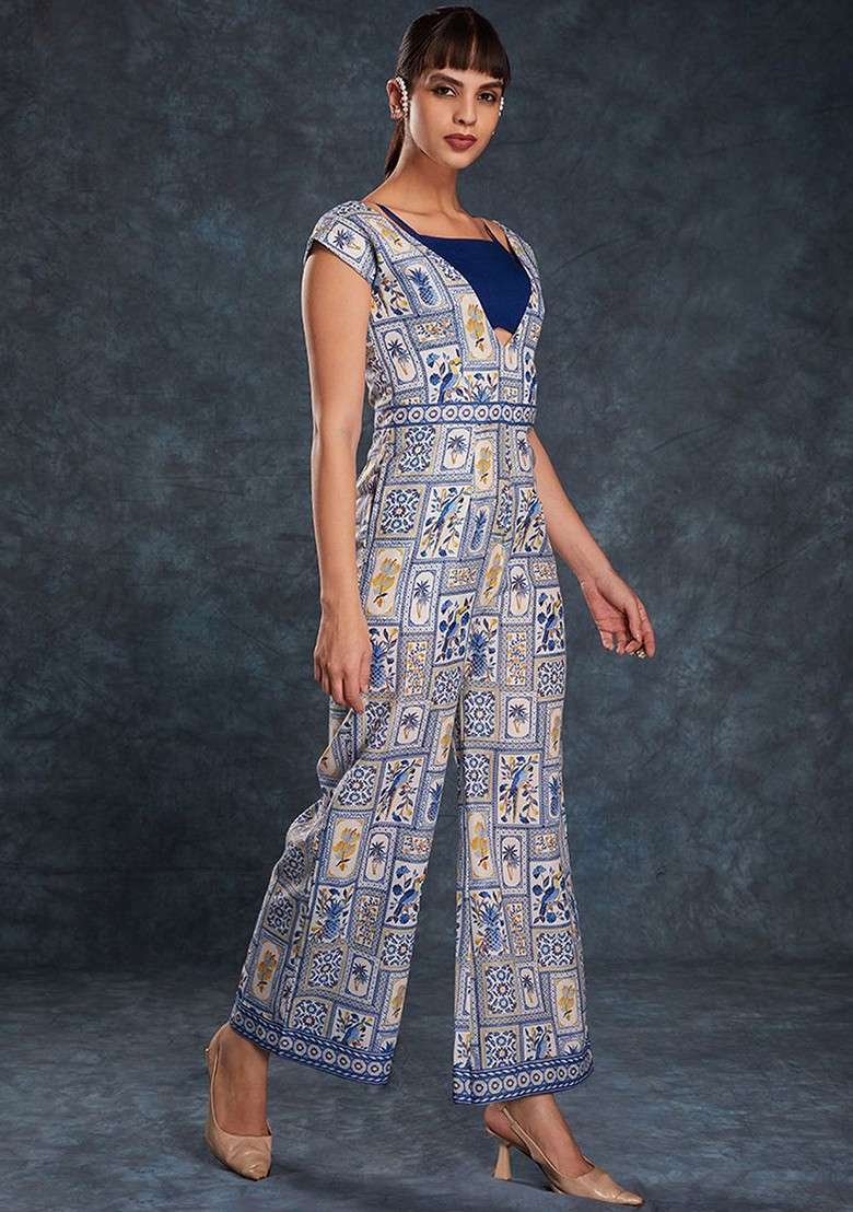 Blue Printed Poly Blend Jumpsuit - Indya