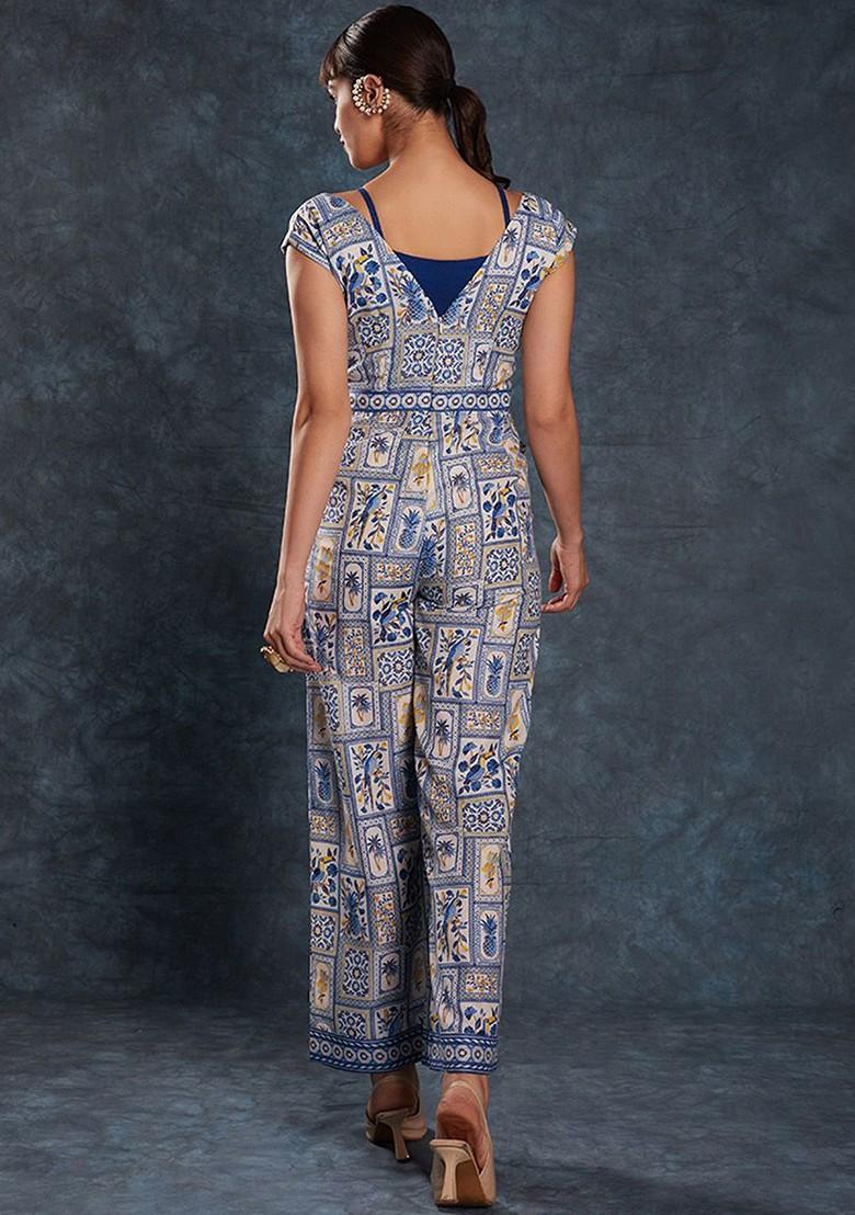 Blue Printed Poly Blend Jumpsuit