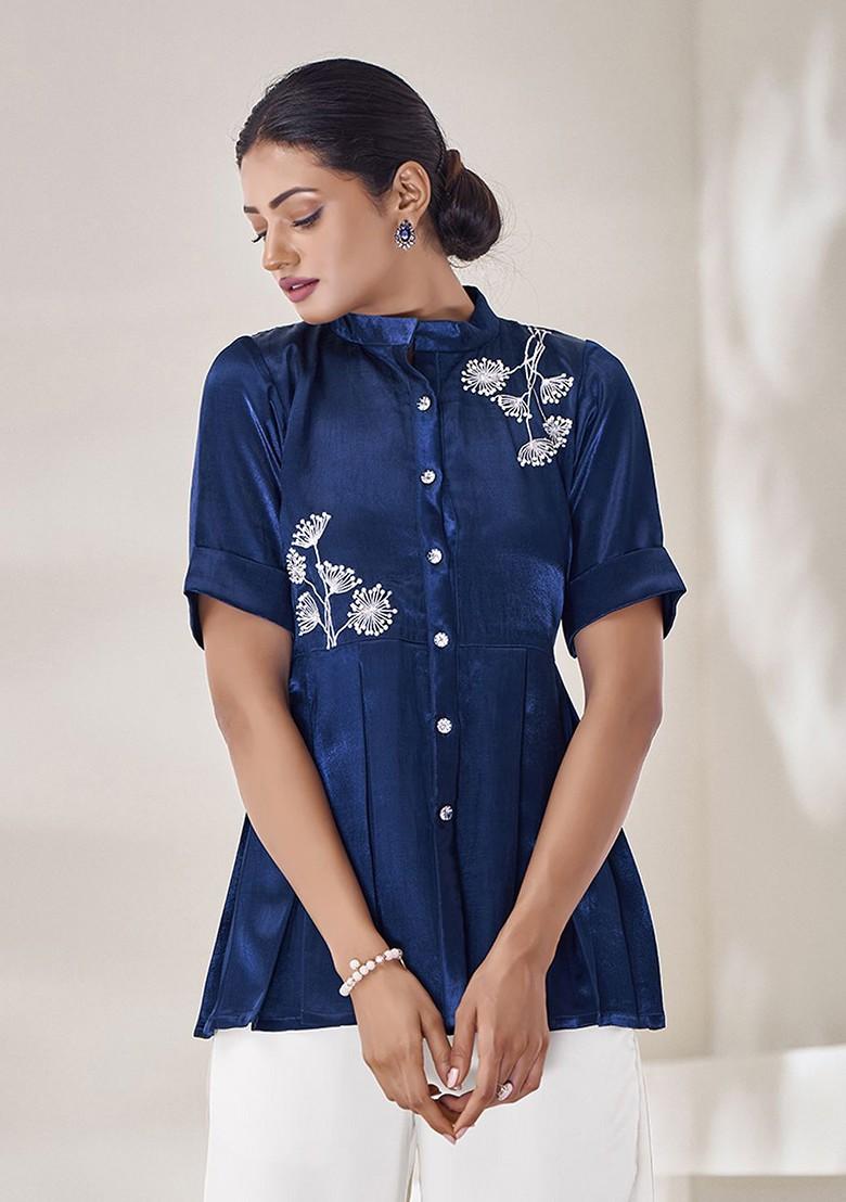 Blue Embroidered Poly Blend Top
