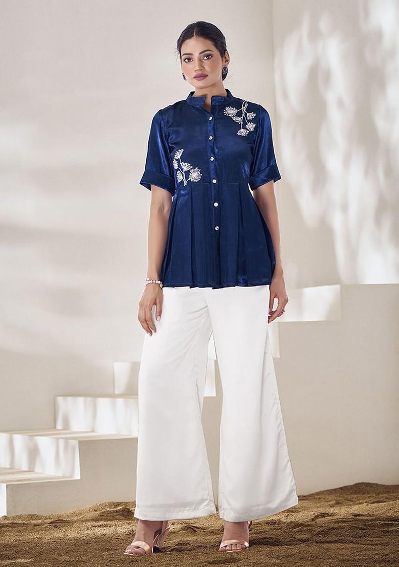 Blue Embroidered Poly Blend Top