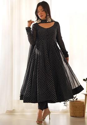 Black Printed Poly Blend Anarkali Kurta