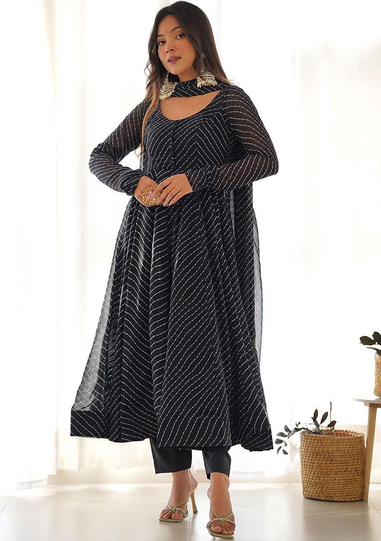 Black Printed Poly Blend Anarkali Kurta