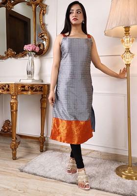 Grey Ethnic Motifs Embroidery Poly Blend Kurta