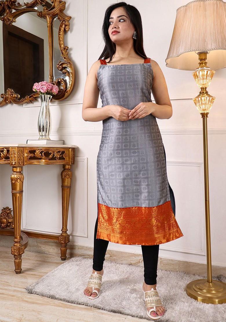 Grey Ethnic Motifs Embroidery Poly Blend Kurta
