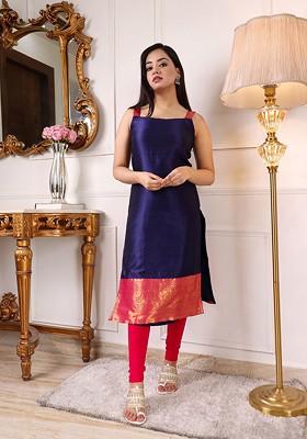 Navy Blue Zari Embroidered Poly Blend Kurta