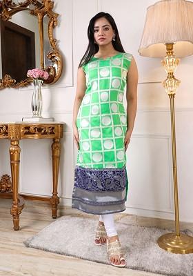 Green Check Print Poly Blend Kurta