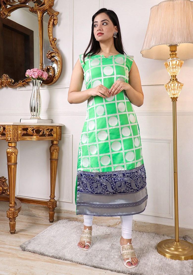 Green Check Print Poly Blend Kurta
