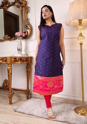 Navy Blue Ethnic Motifs Embroidery Poly Blend Kurta