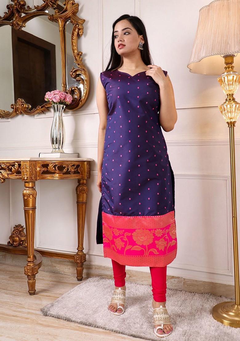 Navy Blue Ethnic Motifs Embroidery Poly Blend Kurta