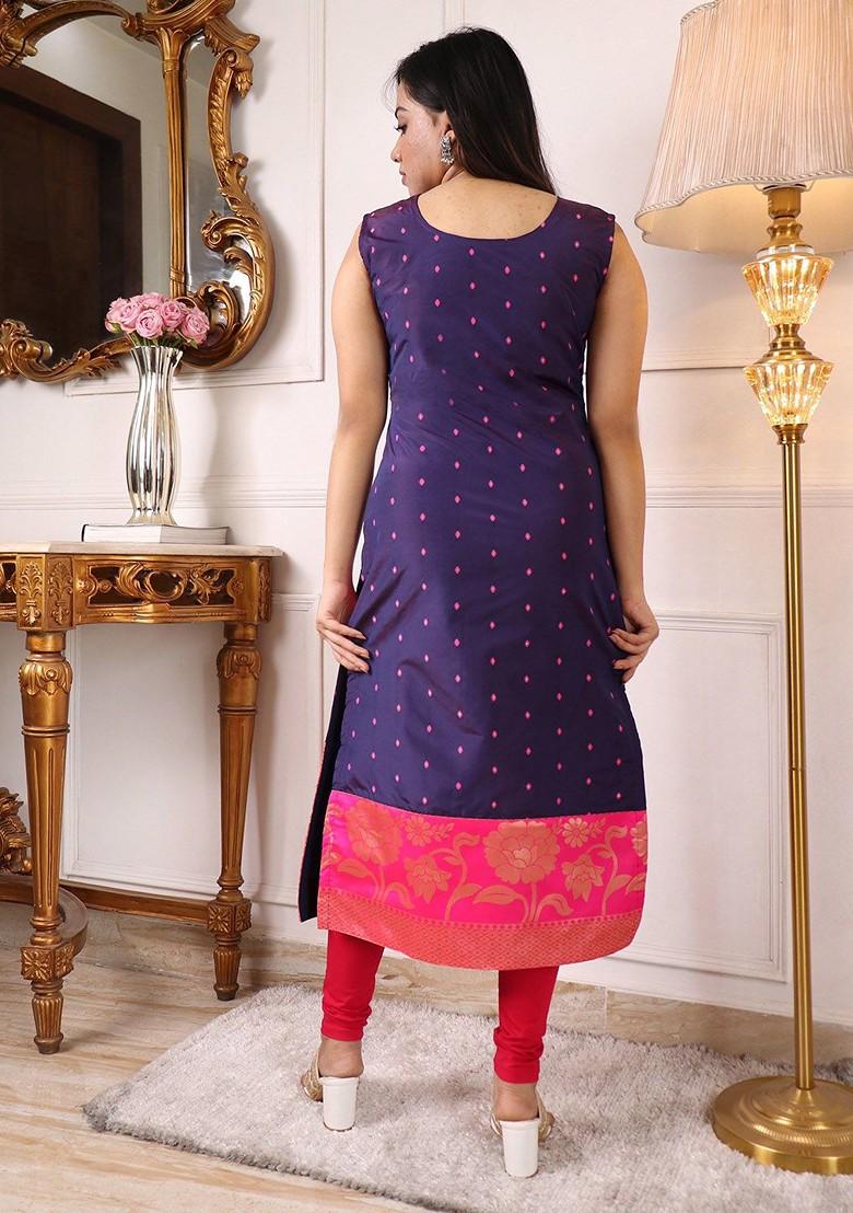 Navy Blue Ethnic Motifs Embroidery Poly Blend Kurta