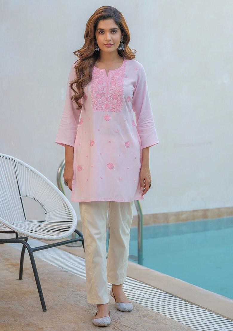 Pink Floral Embroidered Poly Blend Kurta