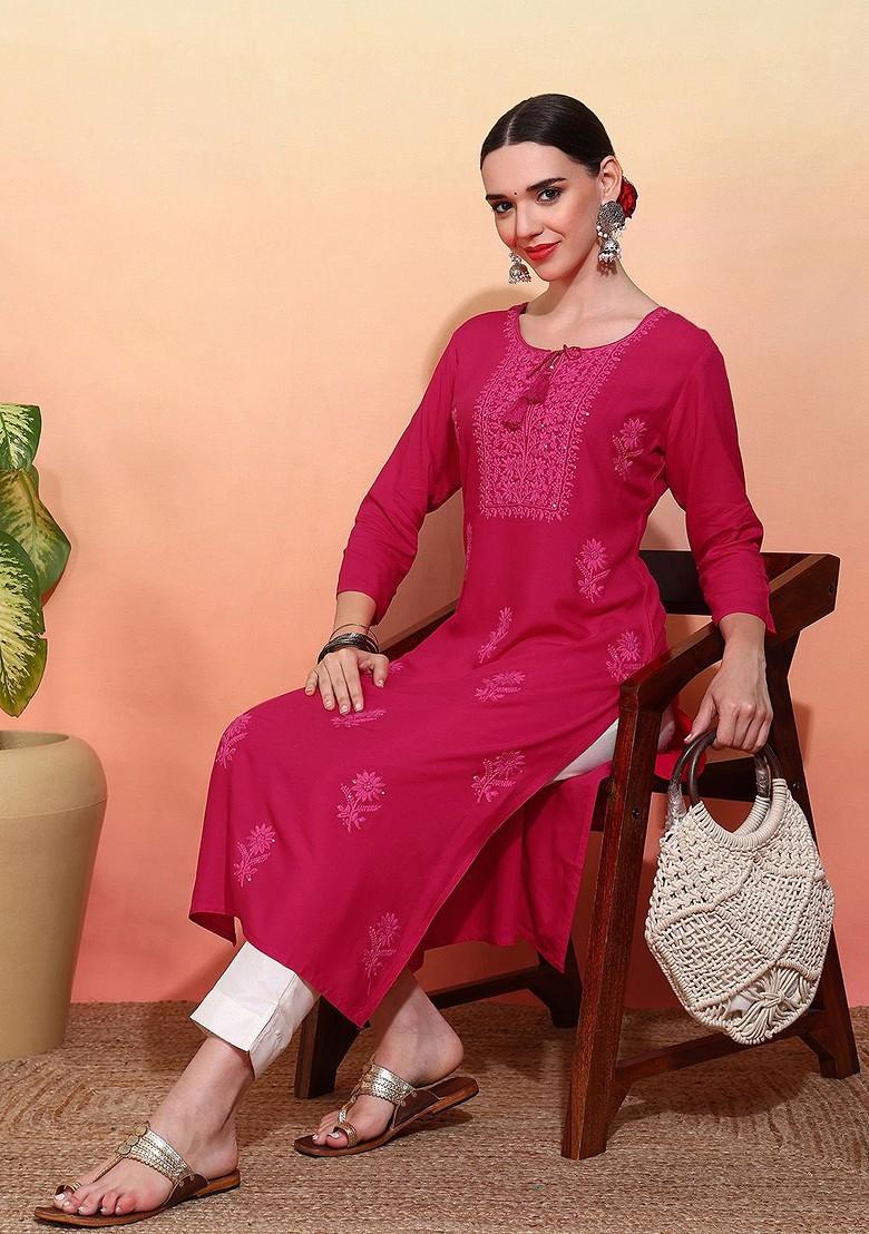 Pink Embroidered Poly Blend Kurta