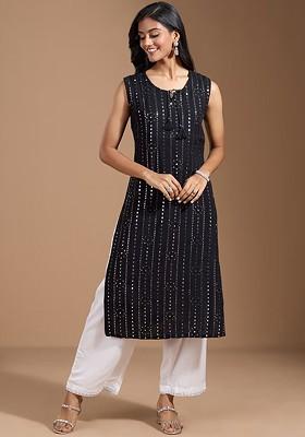 Black Printed Poly Blend Kurta