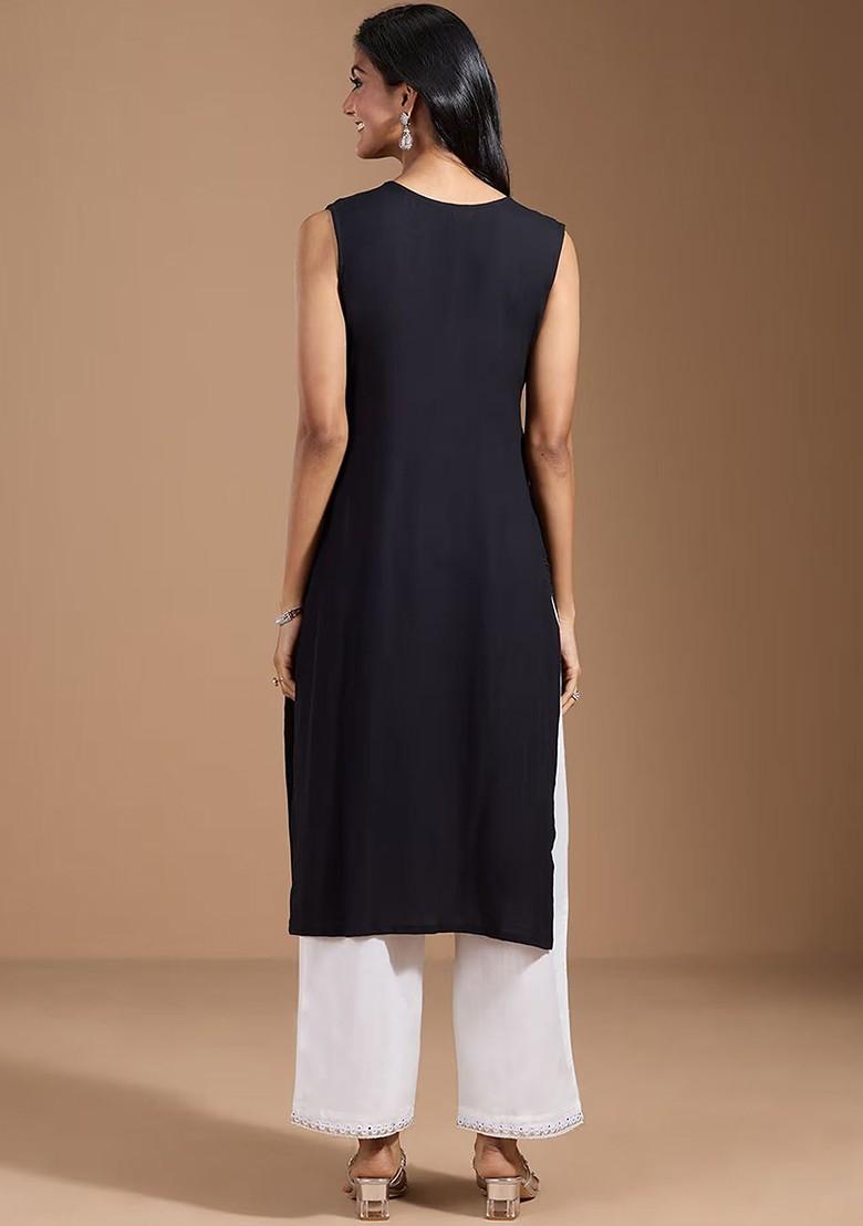 Black Printed Poly Blend Kurta