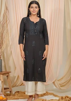 Black Embroidered Poly Blend Kurta