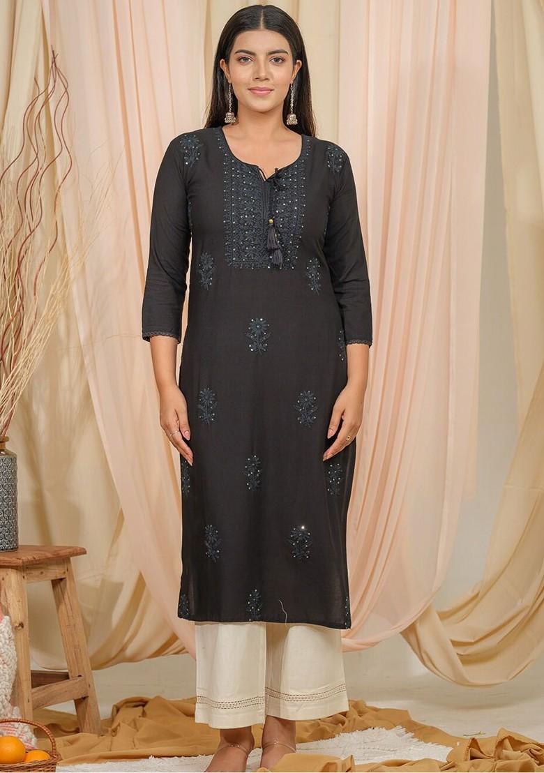 Black Embroidered Poly Blend Kurta