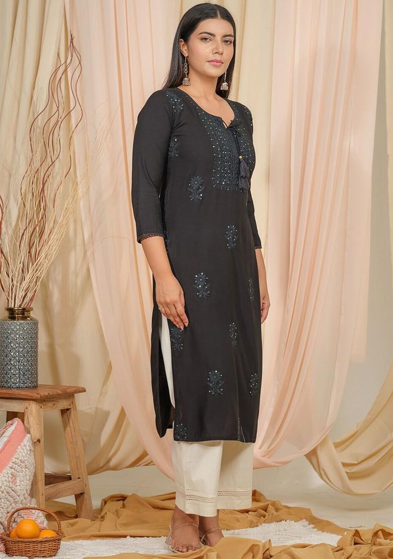 Black Embroidered Poly Blend Kurta