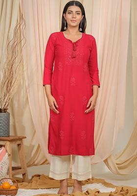 Maroon Floral Embroidered Poly Blend Kurta