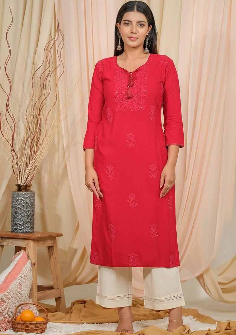 Maroon Floral Embroidered Poly Blend Kurta