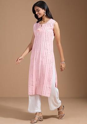 Pink Striped Print Poly Blend Kurta