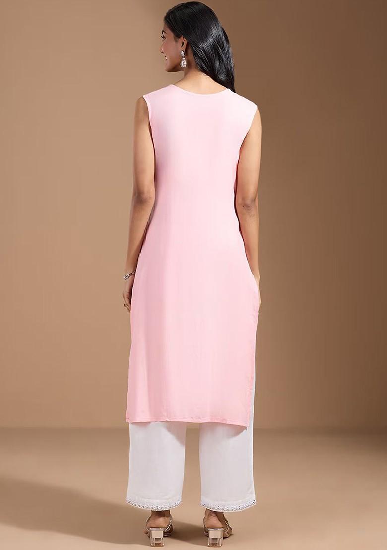 Pink Striped Print Poly Blend Kurta