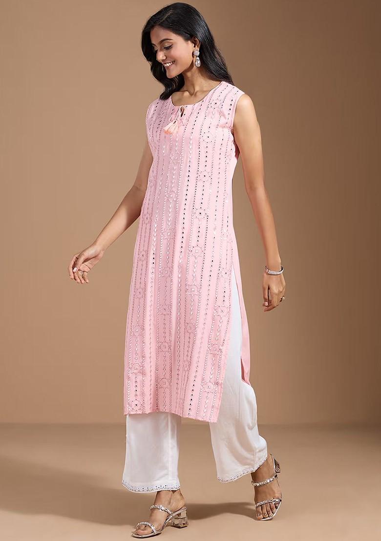 Pink Striped Print Poly Blend Kurta