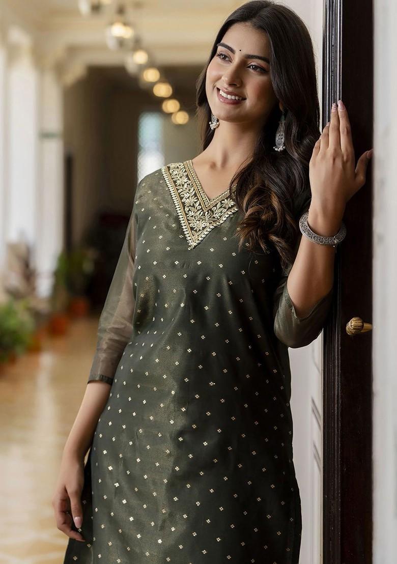 Green Printed Poly Blend Kurta