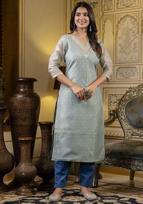 Sea Green Printed Poly Blend Kurta