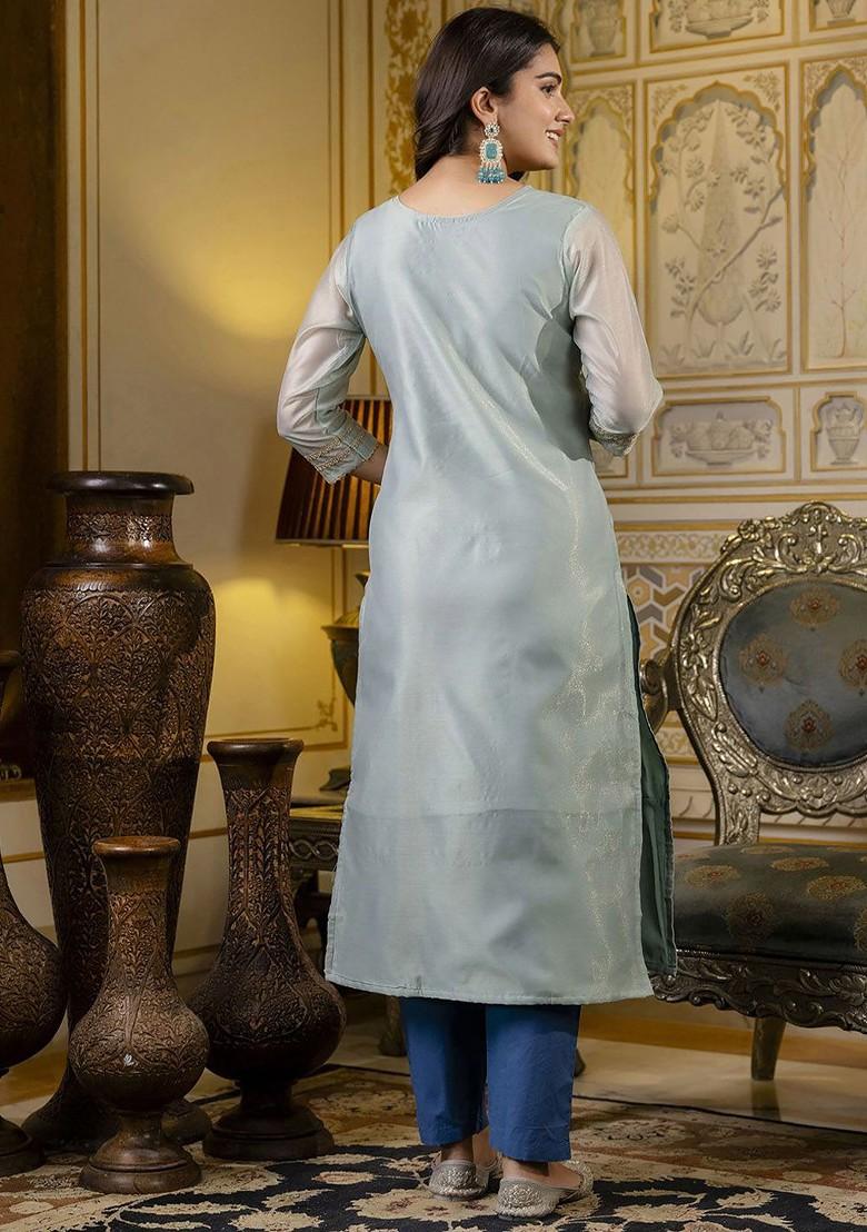 Sea Green Printed Poly Blend Kurta