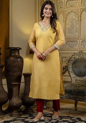 Yellow Printed Poly Blend Kurta
