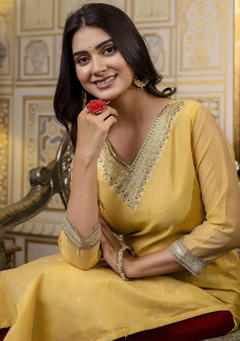 Yellow Printed Poly Blend Kurta