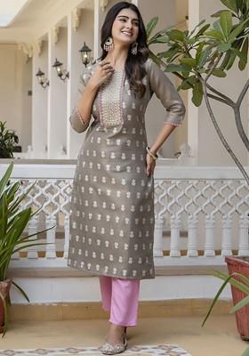 Grey Printed Poly Blend Kurta
