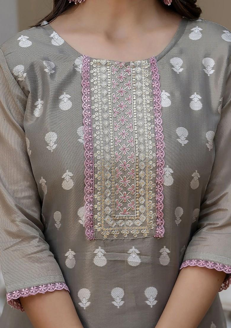 Grey Printed Poly Blend Kurta