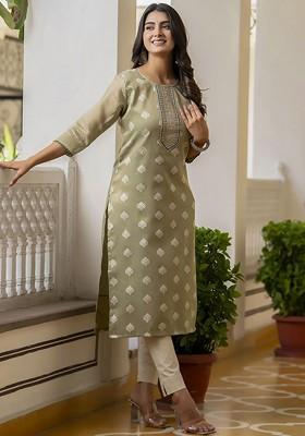 Green Printed Poly Blend Kurta