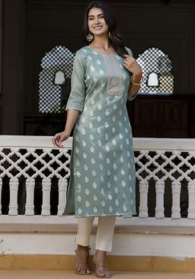 Sea Green Printed Poly Blend Kurta