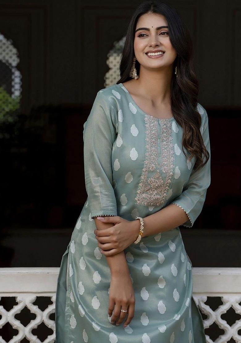 Sea Green Printed Poly Blend Kurta