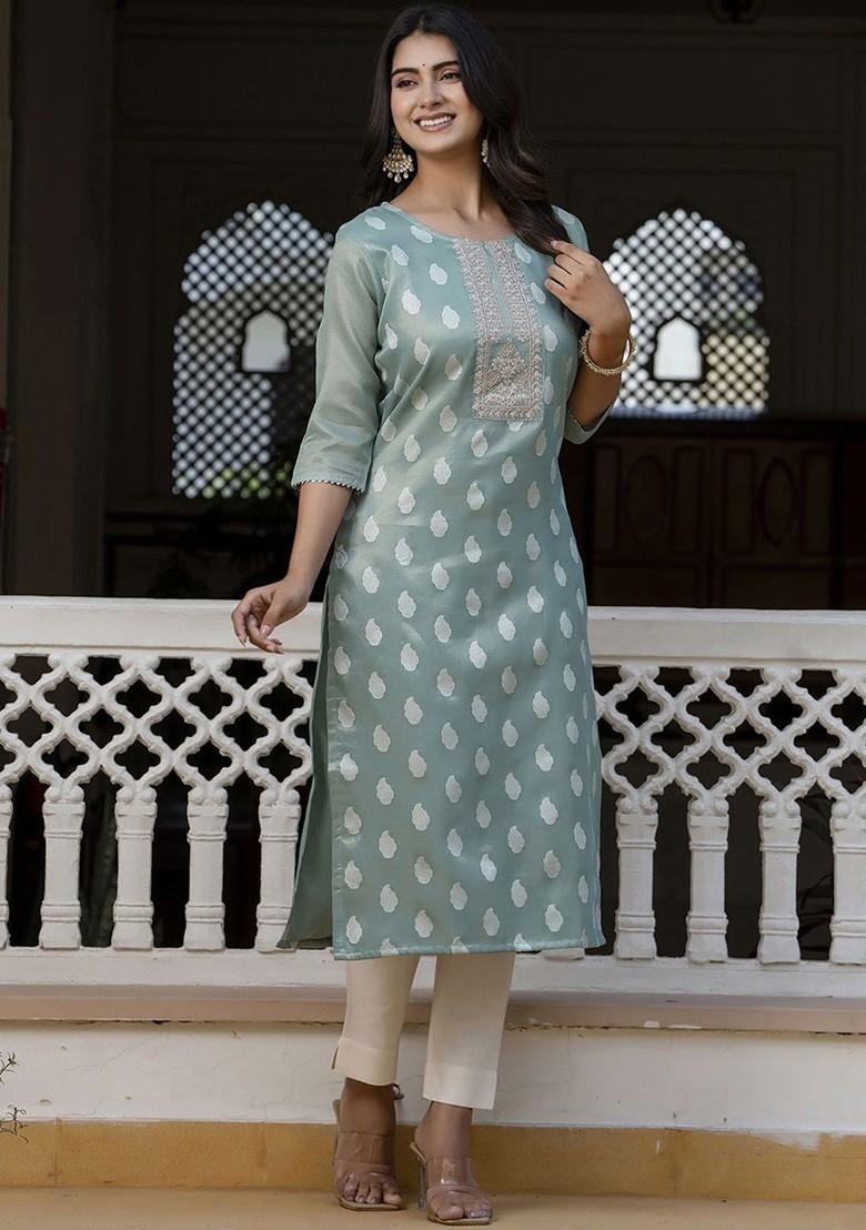 Sea Green Printed Poly Blend Kurta