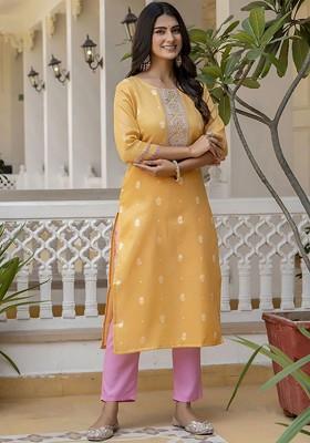 Yellow Printed Poly Blend Kurta