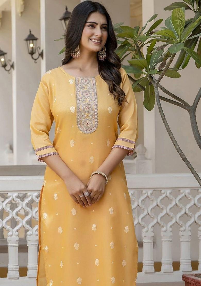 Yellow Printed Poly Blend Kurta