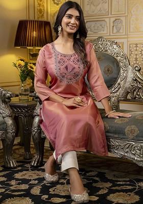 Pink Floral Embroidered Poly Blend Kurta