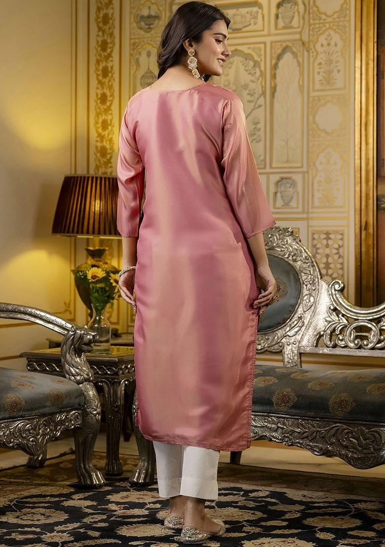 Pink Floral Embroidered Poly Blend Kurta