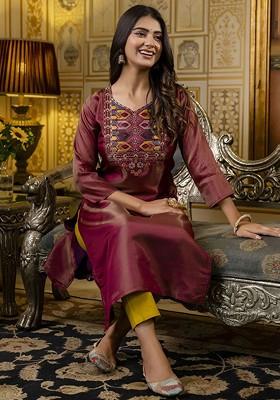 Brown Floral Embroidered Poly Blend Kurta