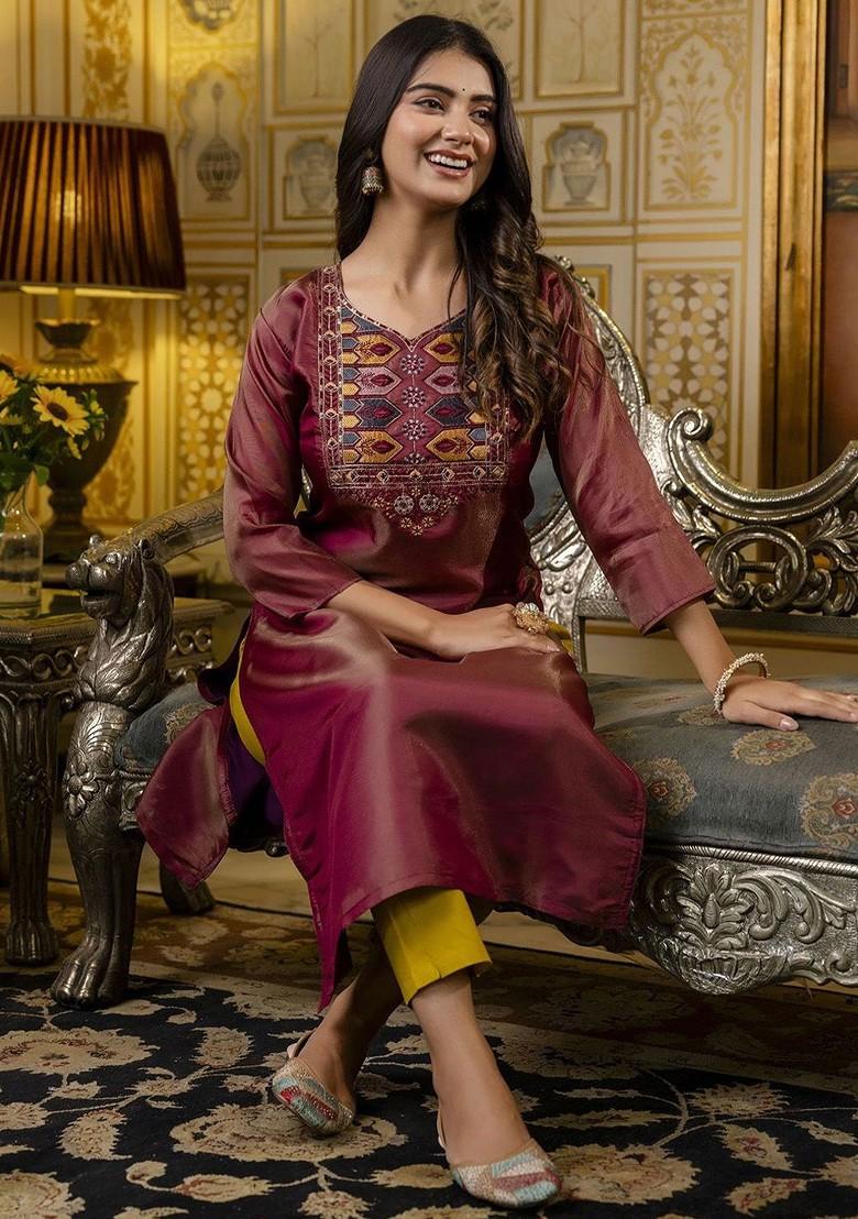 Brown Floral Embroidered Poly Blend Kurta