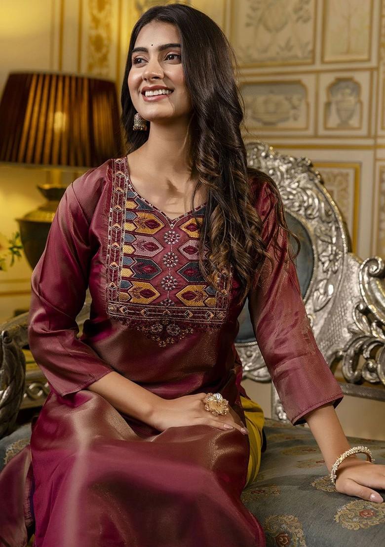 Brown Floral Embroidered Poly Blend Kurta