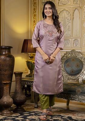 Lavender Floral Embroidered Poly Blend Kurta